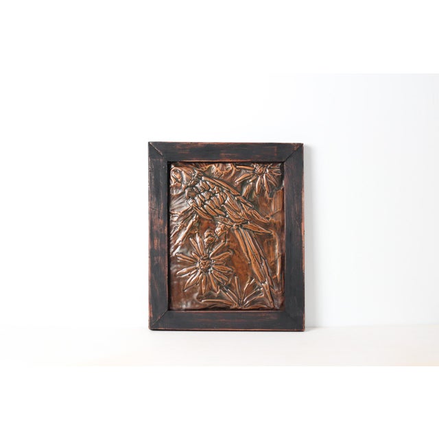 Mid-Century Parrot Copper Repoussé Plaque in Rustic Wood Frame For Sale - Image 13 of 14