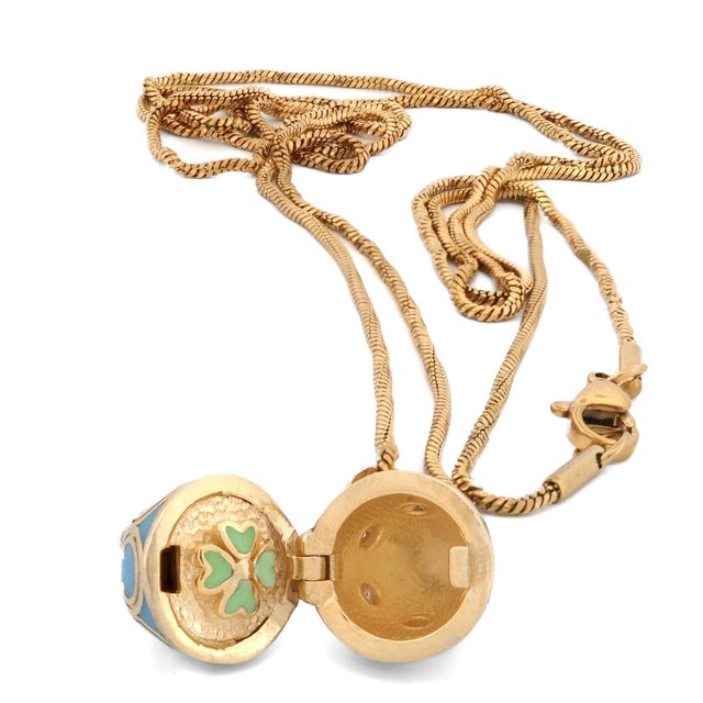 Early 21st Century Lucky Clover Turquoise Enamel Egg Gold Necklace For Sale - Image 5 of 10