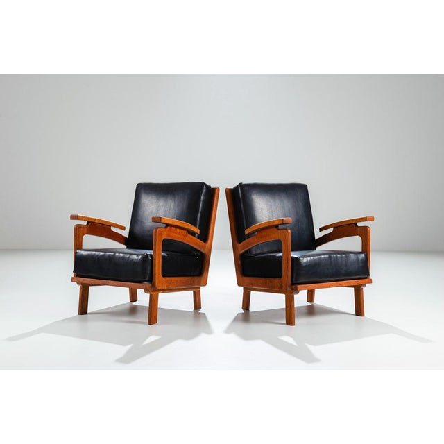Wood Belgian Lounge Chairs in Oak with Leather Cushions, 1960s, Set of 2 For Sale - Image 7 of 17