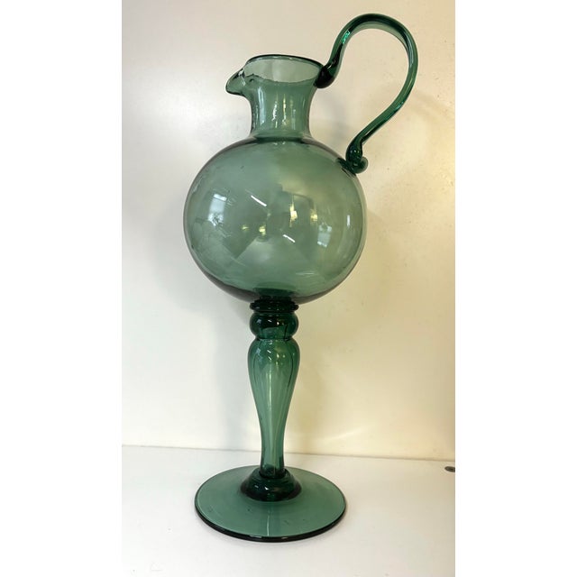 Rare 1930s–1940s Empoli Verde Italian Hand-Blown Glass Pedestal Ewer For Sale - Image 11 of 12