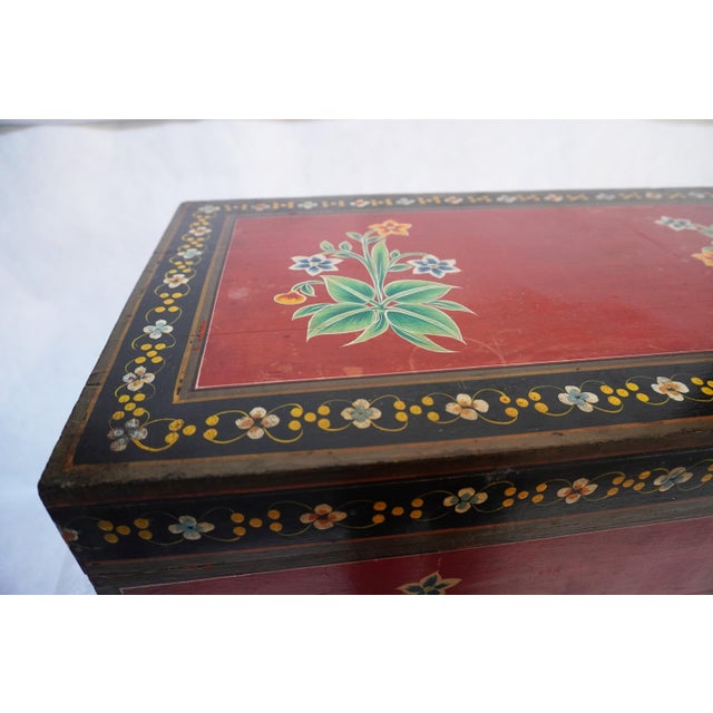 Folk Red Painted Chest With Floral Motifs For Sale - Image 13 of 17