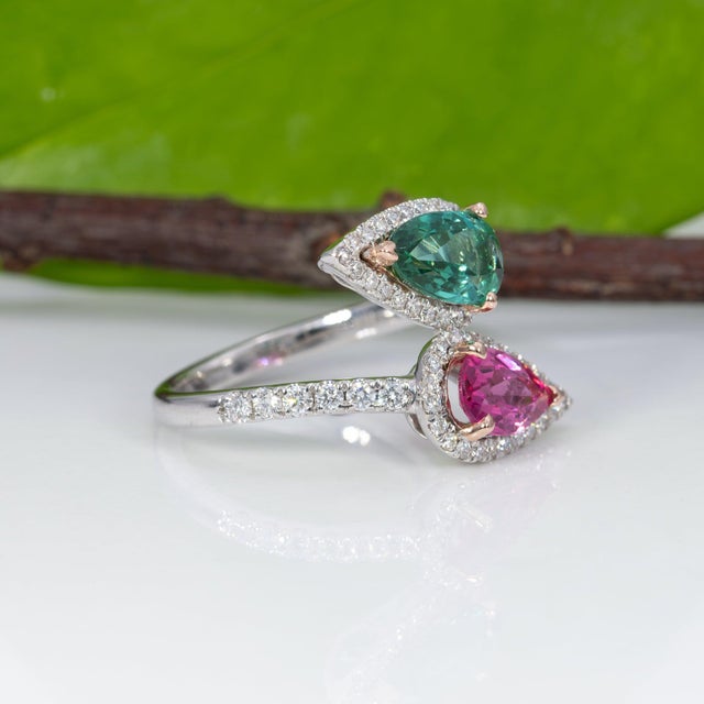 Metal Toi Et Moi Pink & Indicolite Tourmaline Ring With Diamonds: 14k Gold, Pear Cut, Size 5.25 For Sale - Image 7 of 9