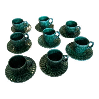 Vintage the Haldon Group Green Majolica Relief Cup & Saucer Set for 8 For Sale