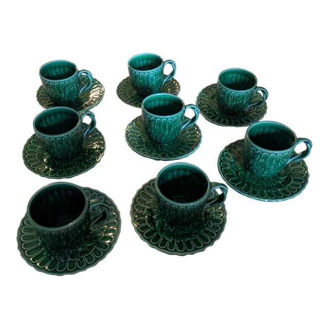 Vintage the Haldon Group Green Majolica Relief Cup & Saucer Set for 8 For Sale