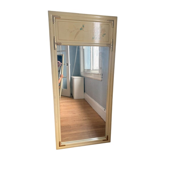 Chinoiserie Vintage Chinoiserie Wall Mirror With Lacquered Frame & Hand-Painted Bird Motif For Sale - Image 3 of 9