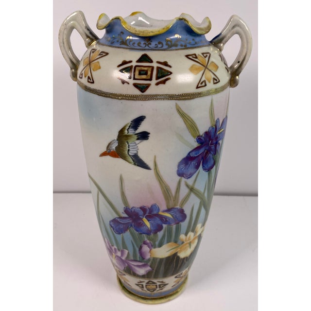 Antique Japanese Hand-Painted Porcelain Vase With Birds & Iris Flowers, Jeweled Gilt Decoration For Sale - Image 9 of 14