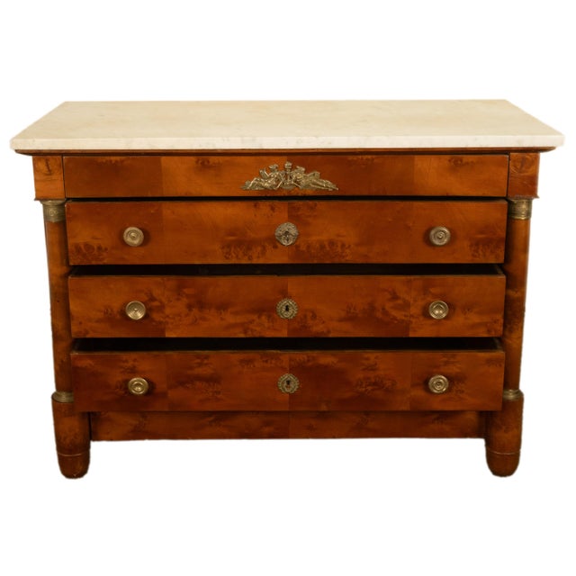 Brown Antique 19th Century French Empire Burl Walnut Marble Ormolu Chest Drawers Commode 1810 For Sale - Image 8 of 14