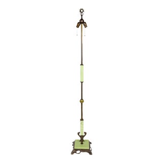 Early 20th Century Deco Pale Yellow Chartreuse Uranium Glass & Darkened Brass Floor Lamp For Sale