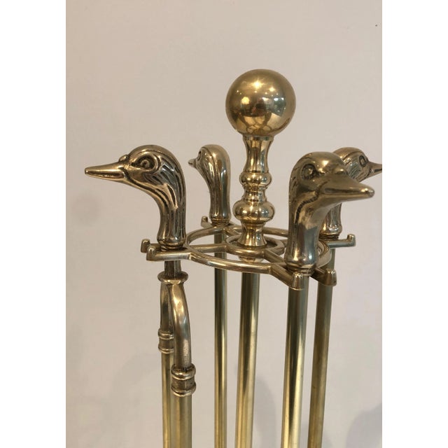 Circa 1970s French Neoclassical-Style Brass Duck Heads Fireplace Tool Set- 5 Pieces For Sale - Image 10 of 13