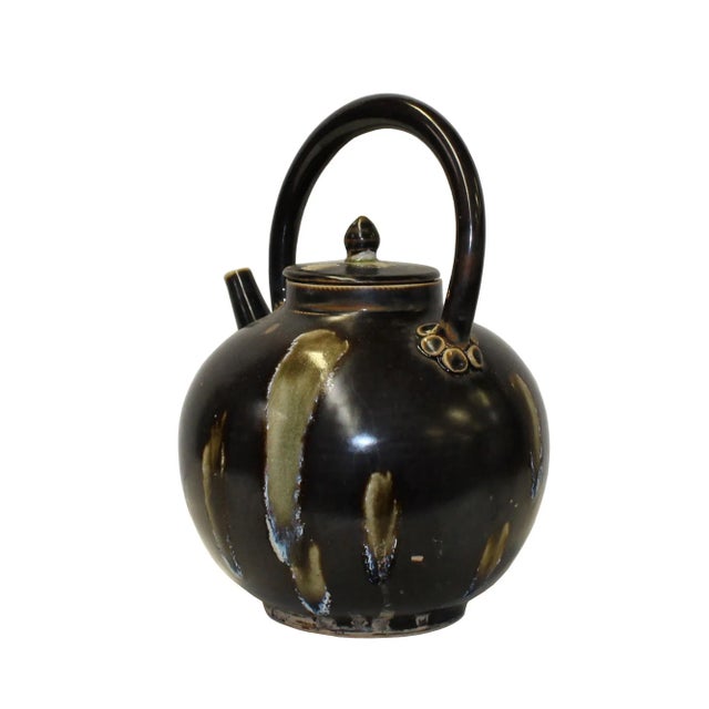 Chinoiserie Chinese Ware Brown Black Glaze Ceramic Jar Vase Teapot Display Art For Sale - Image 3 of 7