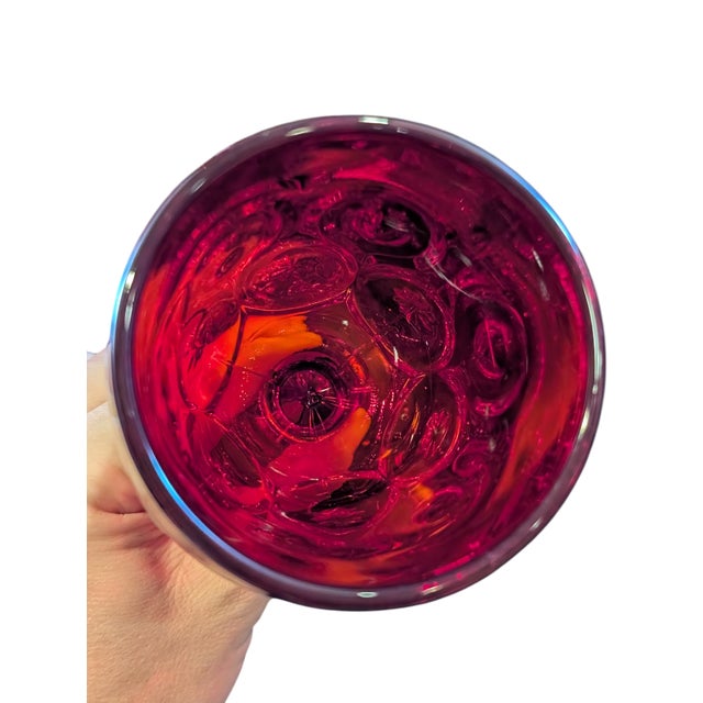 Mid 20th Century Mid Century Modern l.e. Smith Ruby Red Glass Pitcher & Cup Goblet Set Moon and Stars Pattern - Set of 9 For Sale - Image 10 of 10