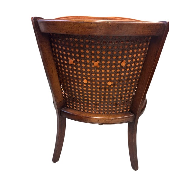 Pair of Mid-Century Caned Barrel Back Chairs With Persimmon Velvet Upholstery For Sale - Image 4 of 11