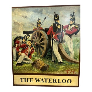 Vintage the Waterloo English Pub Sign on Metal Soldiers Firing at Battle For Sale