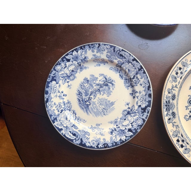 Chinoiserie Vintage Blue & White Transferware Set - 7 Pieces - Mismatched Chinoiserie Plates & Teapot For Sale - Image 3 of 12