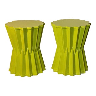 Pair Mid Century Lime Green Star Shaped Origami Multifaceted Hourglass Side Tables, Circa 70’s For Sale
