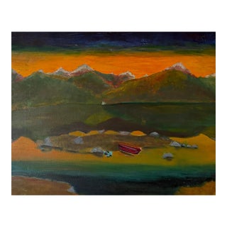 Vintage Expressionist Mountain Landscape Sunset Oil Painting on Canvas – Unframed For Sale