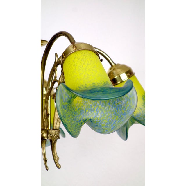 Mid-Century Modern French Brass Pate De Verre Glass Five Light Chandelier, 1950s For Sale - Image 3 of 11