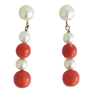Coral and Pearl 14-Karat Gold Dangle Earrings, Pair