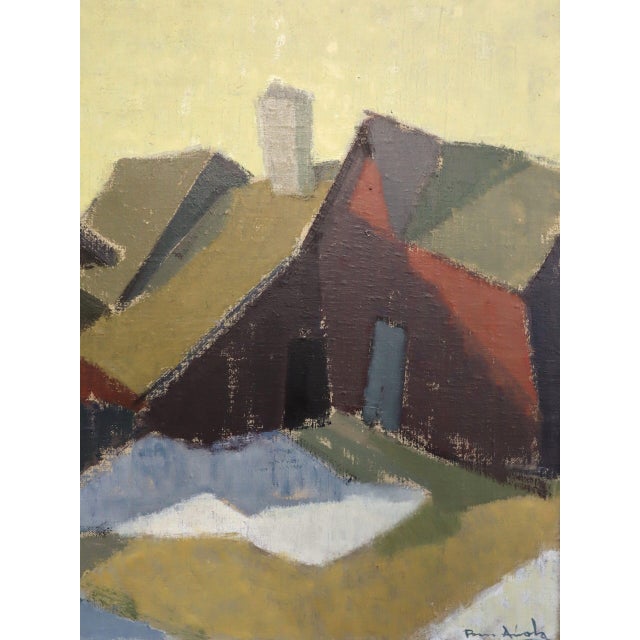 Mid-Century Modern 'Houses in Snow' Vintage Street Scene Oil Painting by Finnish Artist Paavo Airola (1918 – 1983), Framed For Sale - Image 11 of 13
