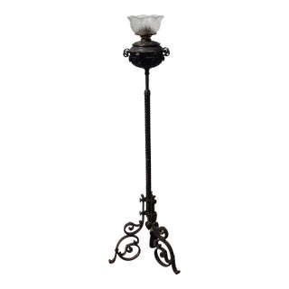 Antique Mid 19th Century Adjustable Wrought Iron Floor Oil Lamp Marked Duplex & B&H Mfg For Sale