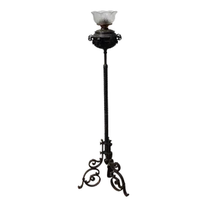 Antique Mid 19th Century Adjustable Wrought Iron Floor Oil Lamp Marked Duplex & B&H Mfg