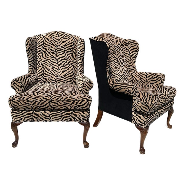 Pair of Bespoke Animal Print Chenille Queen Anne Wingback Chairs – Hollywood Regency For Sale