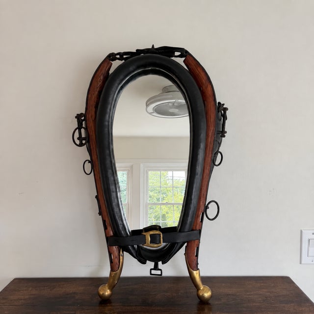 Farmhouse Vintage Equestrian Horse Collar Mirror With Brass Accents For Sale - Image 3 of 8