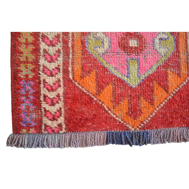 1960s Turkish Runner Rug. Hand-Knotted Tribal Red, Pink Color Hallway Rug, Kitchen Decor - 2′10" × 12′1" For Sale - Image 14 of 16