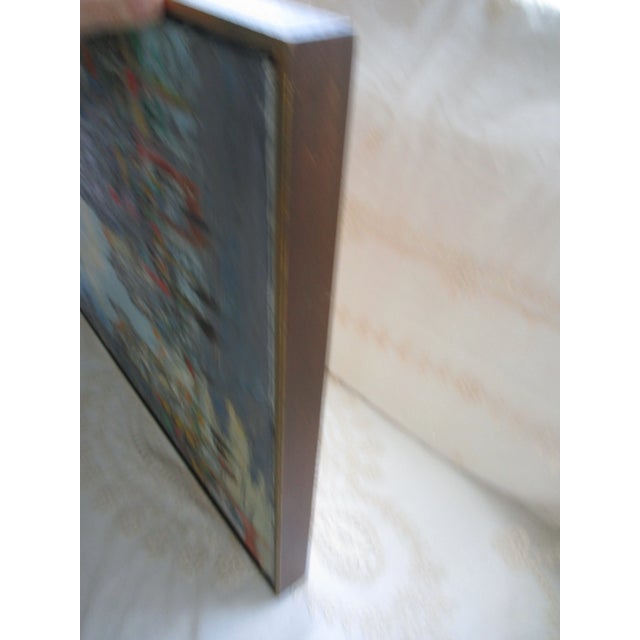 Cornflower Blue 1969 "Paris City Scene" Modernist Cityscape Oil Painting on Canvas, Framed For Sale - Image 8 of 11