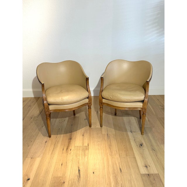Pair Gregarious Pineo #5197 French Style Tub Chairs with Cane Backs, Nailhead Trim in Light Antiqued Walnut Finish...