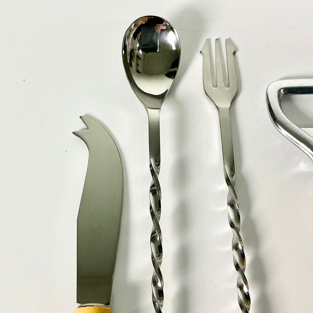 Hollywood Regency 1970s Vintage Hollywood Regency Coastal Boho Chic Bamboo & Stainless Steel Bar Utensil Set - Set of 6 For Sale - Image 3 of 10