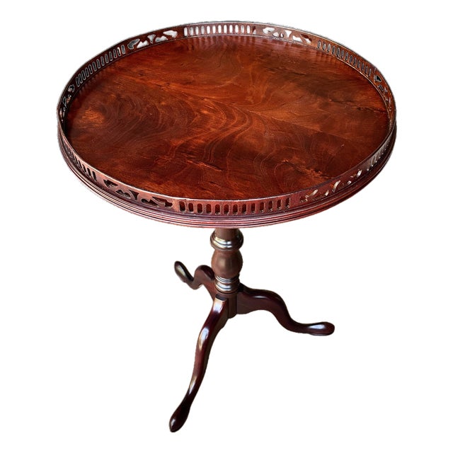 Vintage Mahogany Pierced Gallery Drum Table | Georgian Federal Accent Table | Grand-Millennial Side For Sale