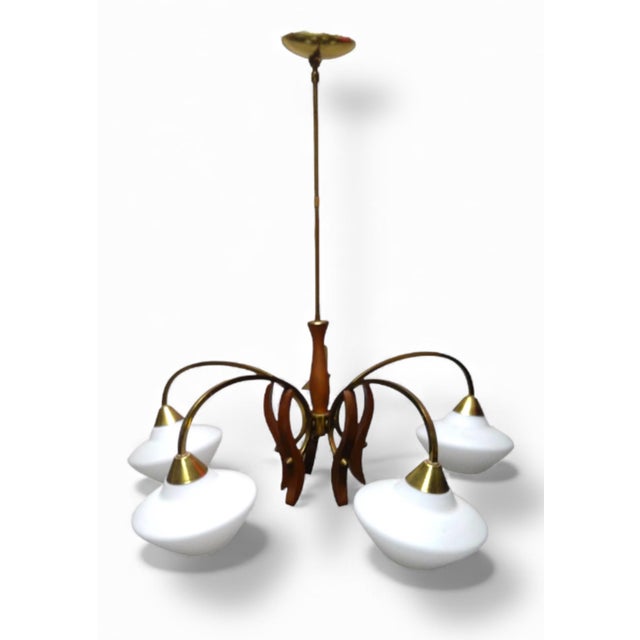 Wood 1940s Mid-Century Modern Chandelier With Teak, Brass, and Opaline Glass. For Sale - Image 7 of 7