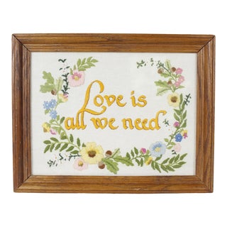 Vintage Love Is All We Need Embroidered Wall Art Wall Hanging Flowers Mid Century Handmade For Sale