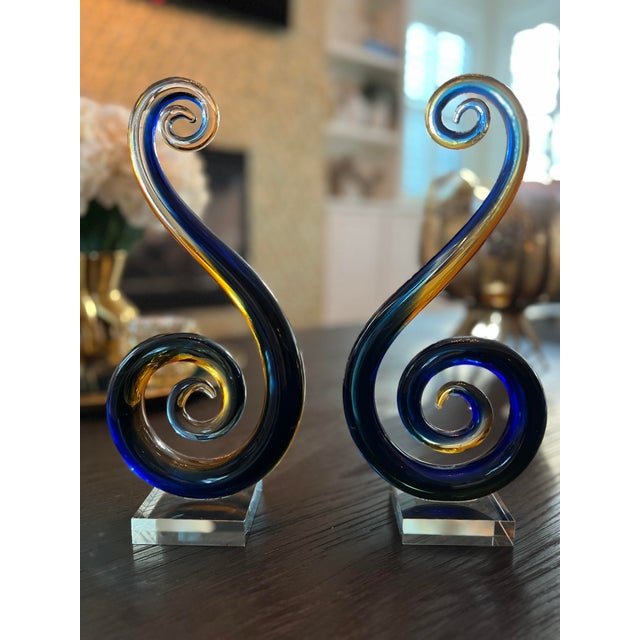Set of 2 Contemporary Colored Blue Clear Gold Glass Sculptures For Sale - Image 10 of 10