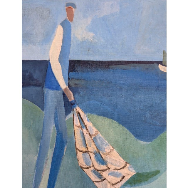 Sky Blue 1987 Modernist 'Figures by the Sea' Vintage Swedish Original Coastal Landscape Oil Painting, Framed For Sale - Image 8 of 12