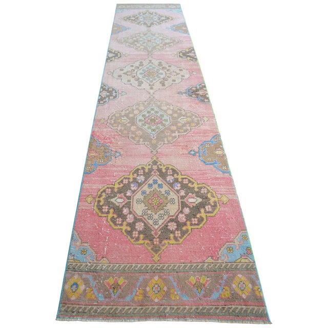 Textile 1960s Traditional Turkish Runner Hand Knotted Distressed Low Pile Pink Hallway Rug Kitchen Decor For Sale - Image 7 of 14