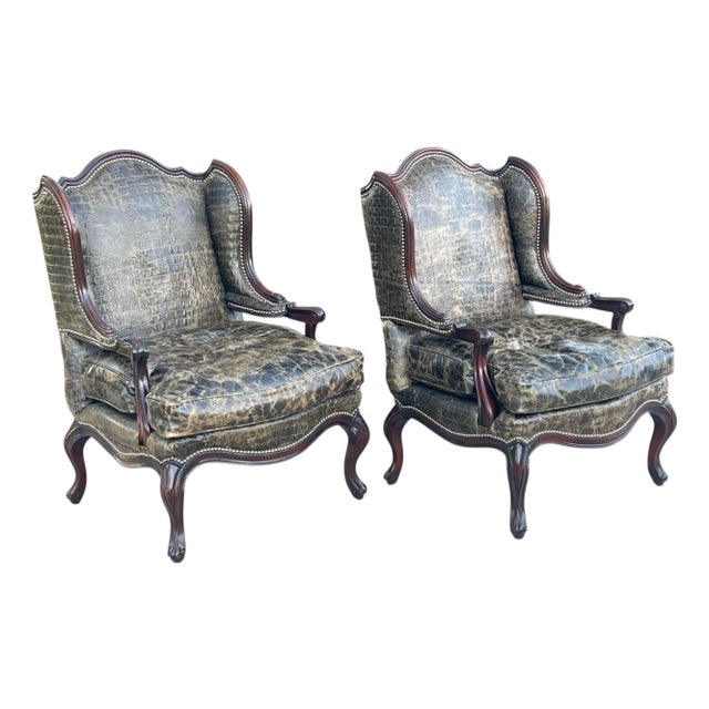 Crocodile Embossed Leather Chairs by Old Hickory Tannery, a Pair, Wingback Chairs, Nailhead Trim, Style of Massoud Lettsworth Wing Chair For Sale