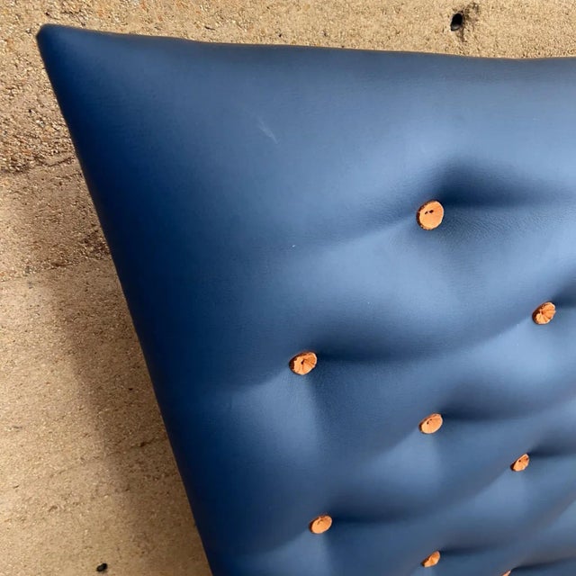 Wood 2000s Modern Queen Platform Bed Blue Upholstered Button For Sale - Image 7 of 8