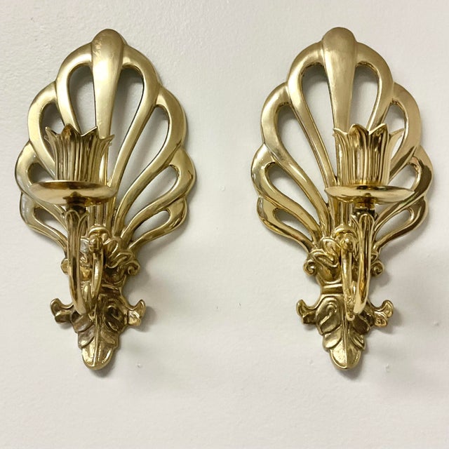 1970s Vintage French Peacock Lacquered Brass Candleholder Wall Sconces - A Pair For Sale - Image 6 of 17
