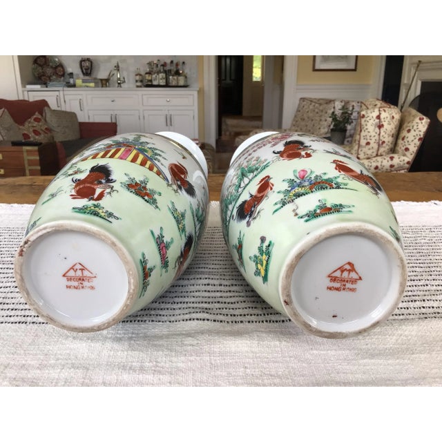 A Pair of Vintage Asian Vases Hand-Painted With Roosters and Florals in Hong Kong For Sale - Image 10 of 12