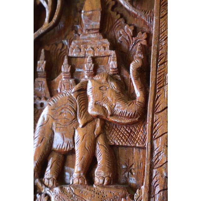 Brown Vintage Southeast Asian Carved Teak Elephant & Temple Relief on Silk For Sale - Image 8 of 16