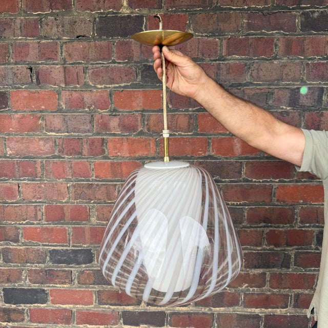 Mid 20th Century Glass Pendant Chandelier, With Hand-Blown Glass Shade Over White Glass Cone, Murano Italy 1950's by Lightolier For Sale - Image 5 of 9