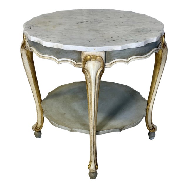 Vintage Hand-Painted Pale Blue & Marble Newly Painted Two-Tier Accent Table by Turtle and Crane - Italian Rococo Style For Sale