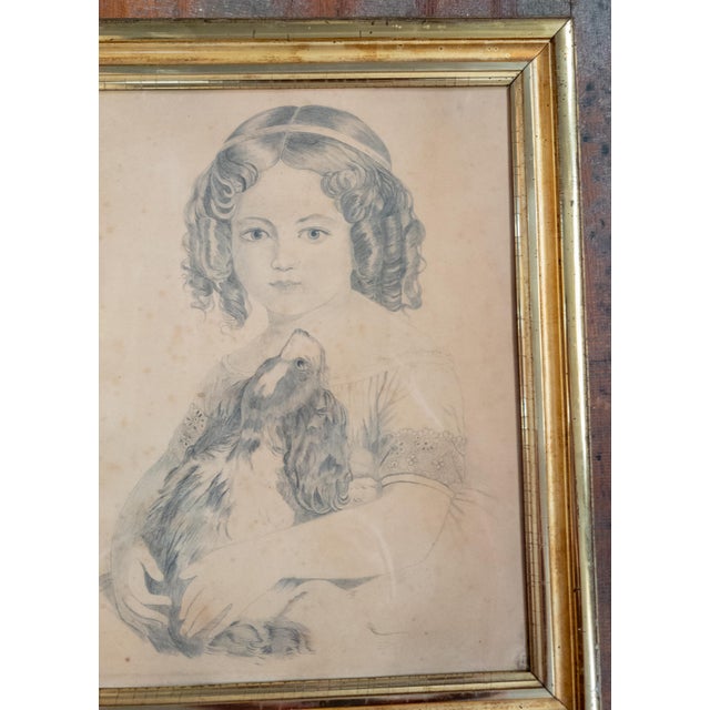 19th Century English or American Pencil Portrait Drawing of a Girl and Her Dog For Sale - Image 4 of 17