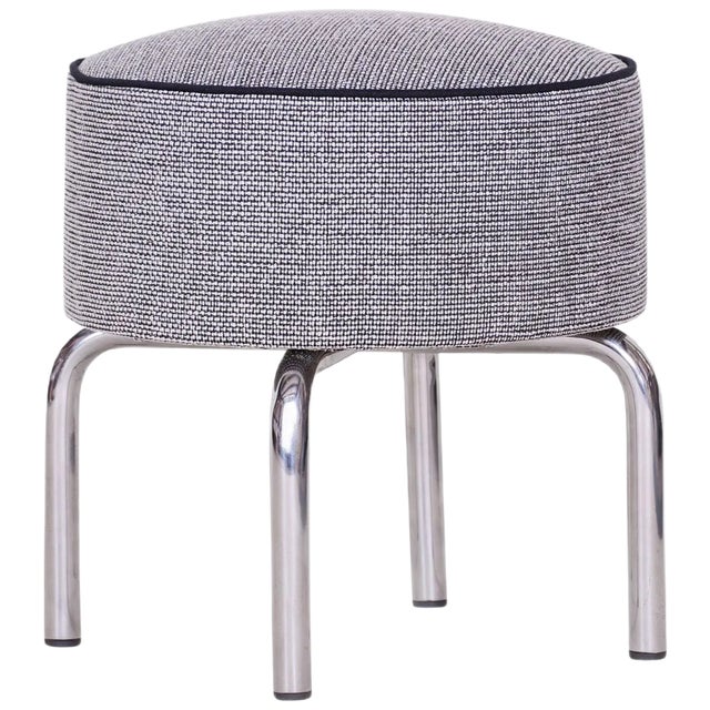 Modernist Black and White Fabric & Chrome-Plated Steel Tubular Stool from Robert Slezak, 1930s For Sale