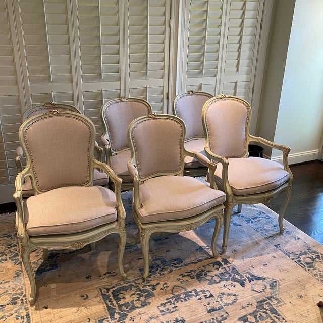 French Set of 6 Louis XVI Framed Chairs With New Sunbrella Linen For Sale - Image 3 of 12
