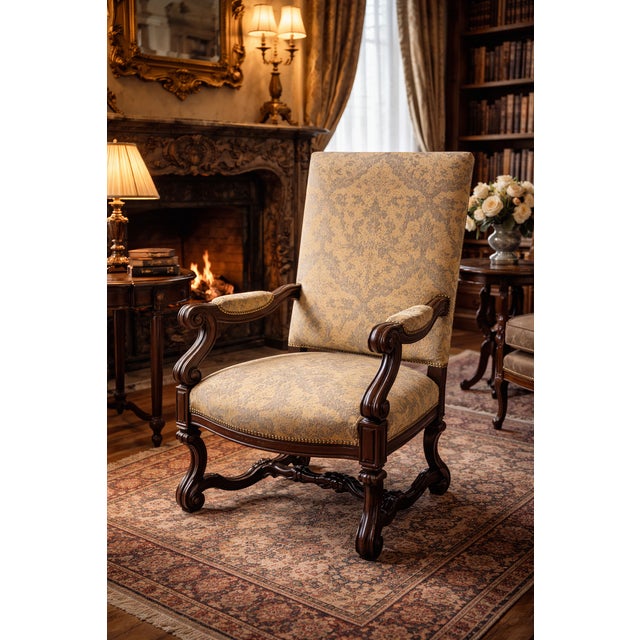 This high-back antique armchair evokes the atmosphere of refined French interiors, reminiscent of château libraries and...