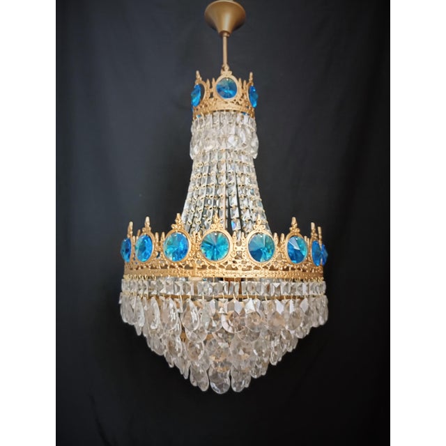 Vintage Brass Aqua Blue Crystal Chandelier For Sale - Image 4 of 12
