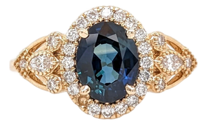1.5ct Blue Sapphire Ring W Earth Mined Diamonds in Solid 14k Yellow Gold | Oval, Size 6.75